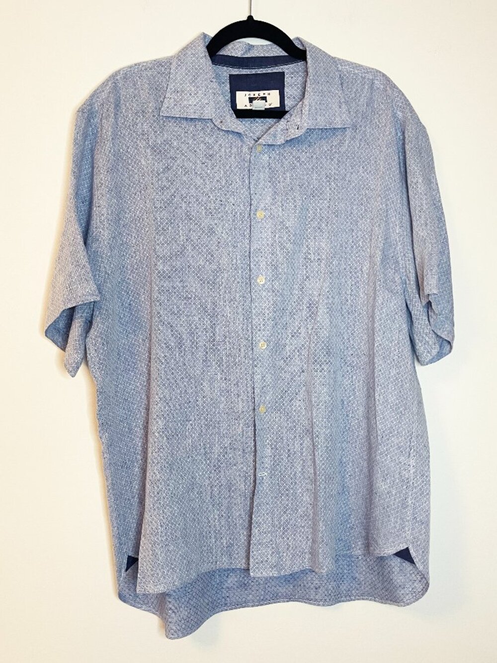 Joseph Abboud XL Blue Linen Blend Short Sleeve Button Up Shirt Diamond Print